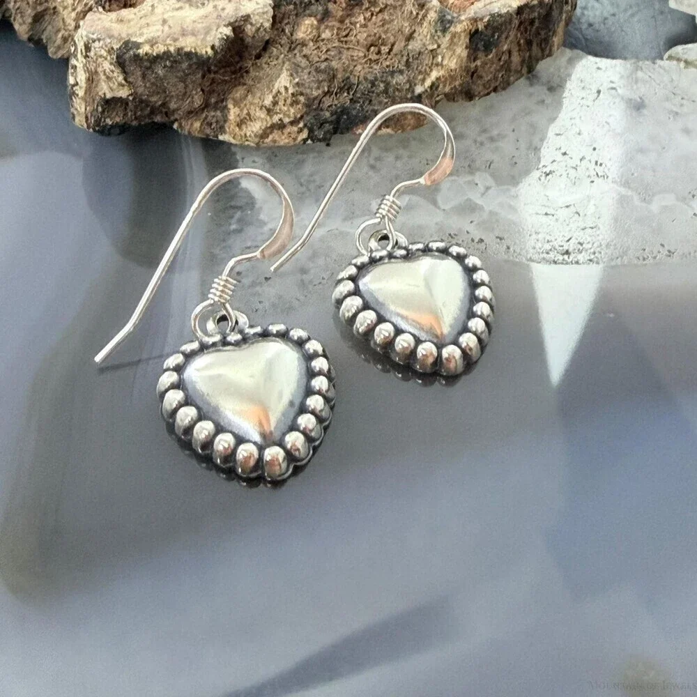Sterling Silver Southwestern Style Tiny Heart Dangle Earrings For Women